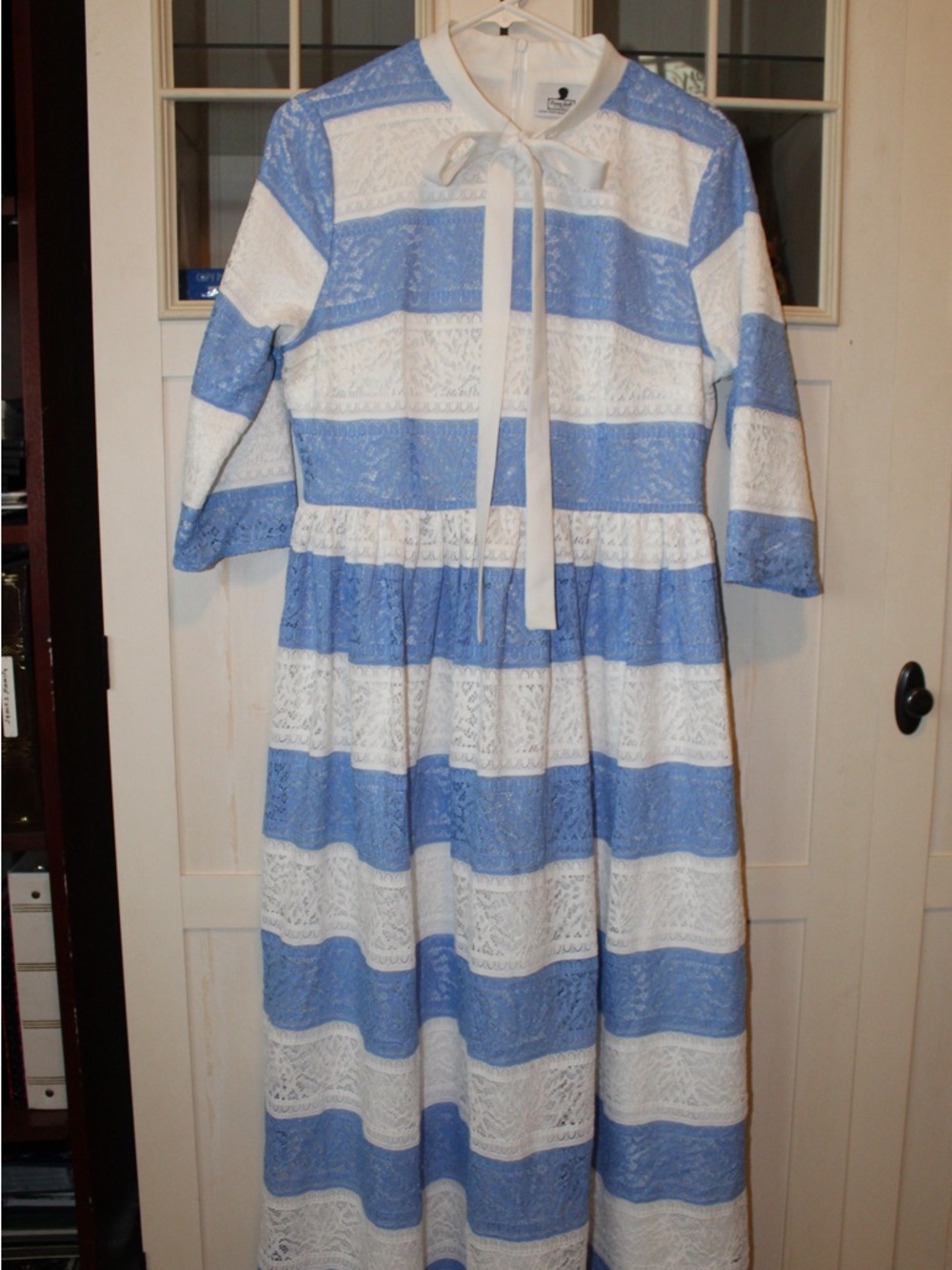 Dainty Jewells Light Blue and White Striped Lace Maxi Dress with Bow Neck